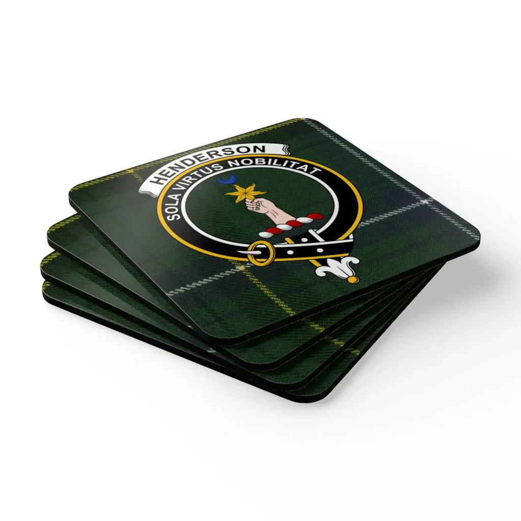 Henderson clan crest tartan coasters set — four natural cork squares with heraldic design
