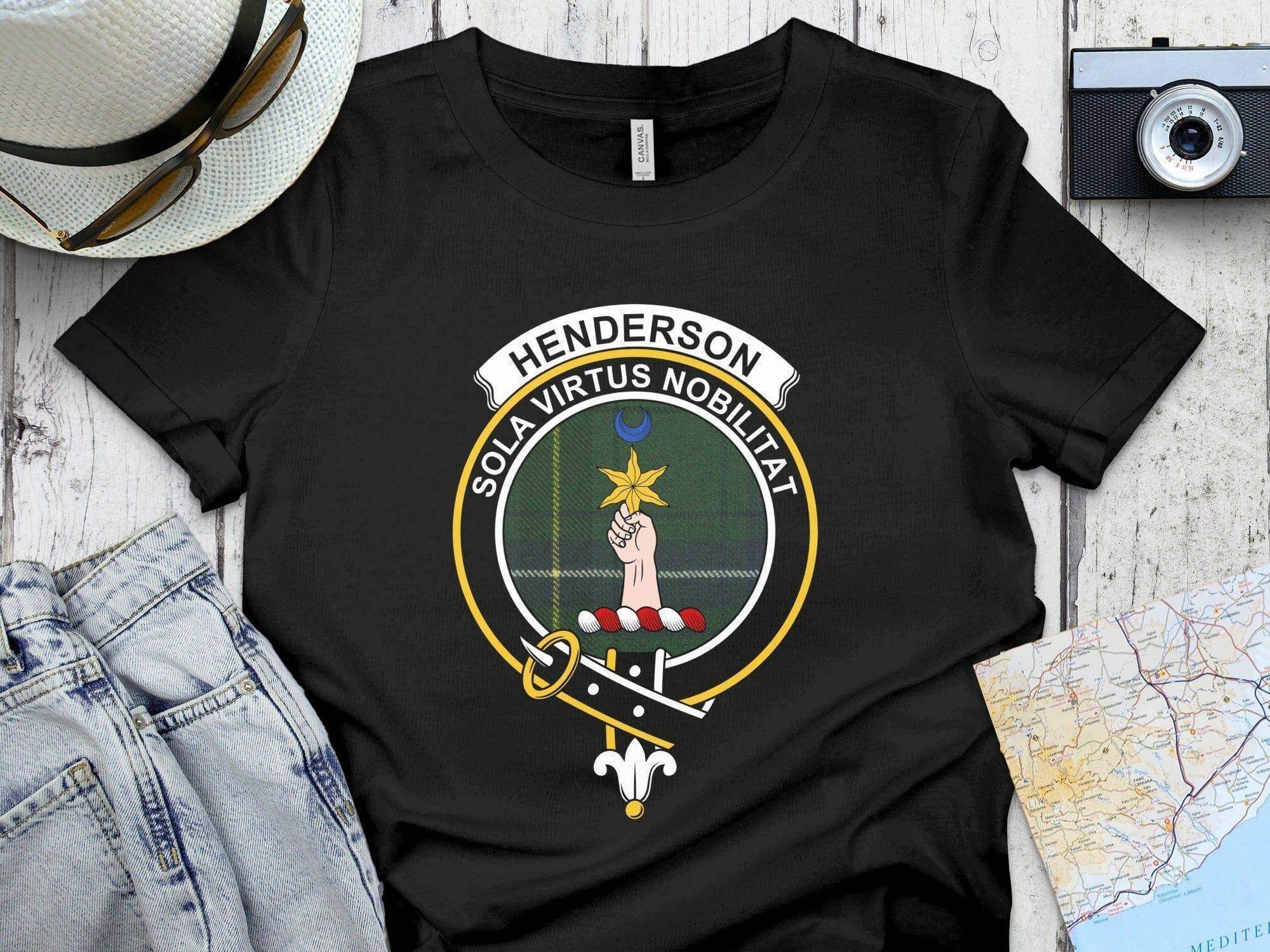 Henderson clan crest tartan t-shirt — Sola Virtus Nobilitat heraldic design on 100% cotton