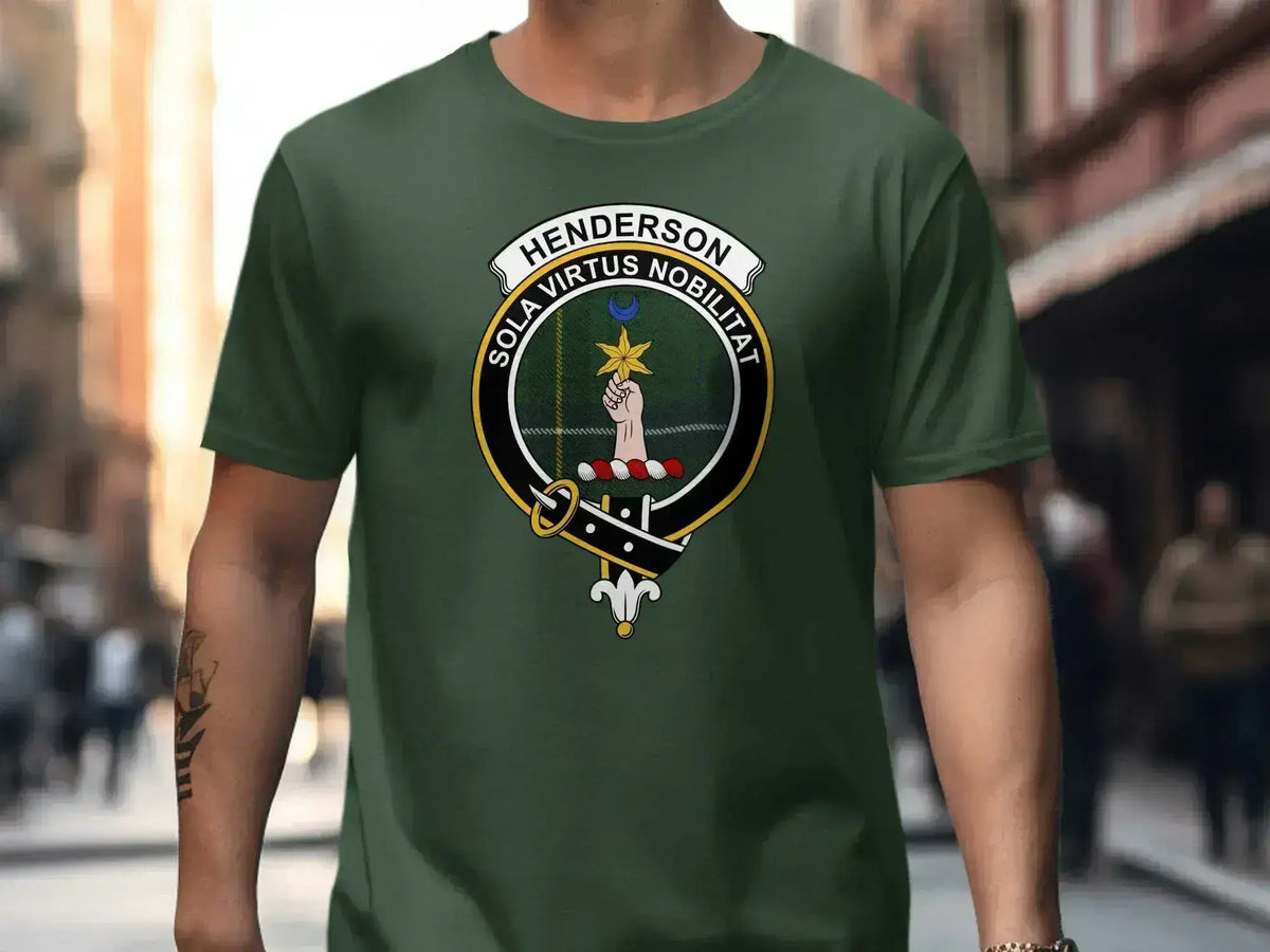 Henderson Sola Virtus Nobilitat crest t-shirt — Virtue Alone Ennobles heraldic design on cotton