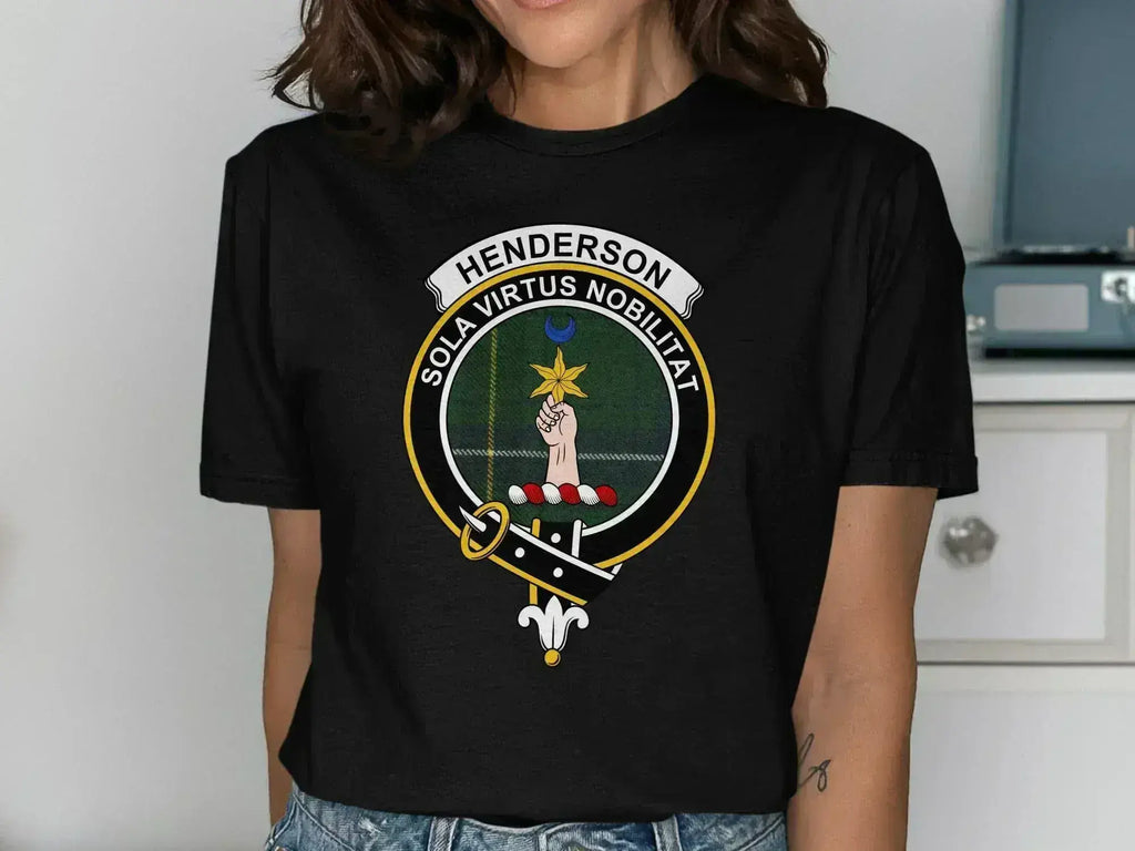 Henderson crest t-shirt in black — clan heraldic design on 100% cotton
