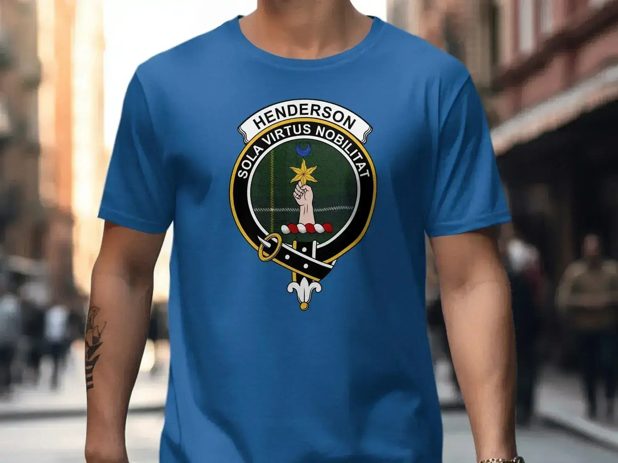 Henderson clan crest tee in royal blue — Sola Virtus Nobilitat design on softstyle cotton