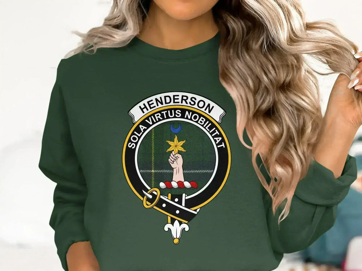 Henderson Sola Virtus Nobilitat sweatshirt — clan crest heraldic design on fleece