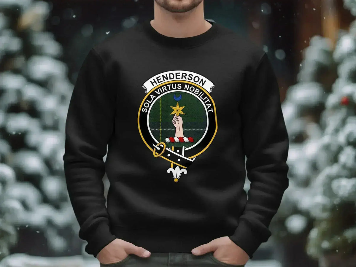 Henderson clan crest sweatshirt in navy — full heraldic design on fleece