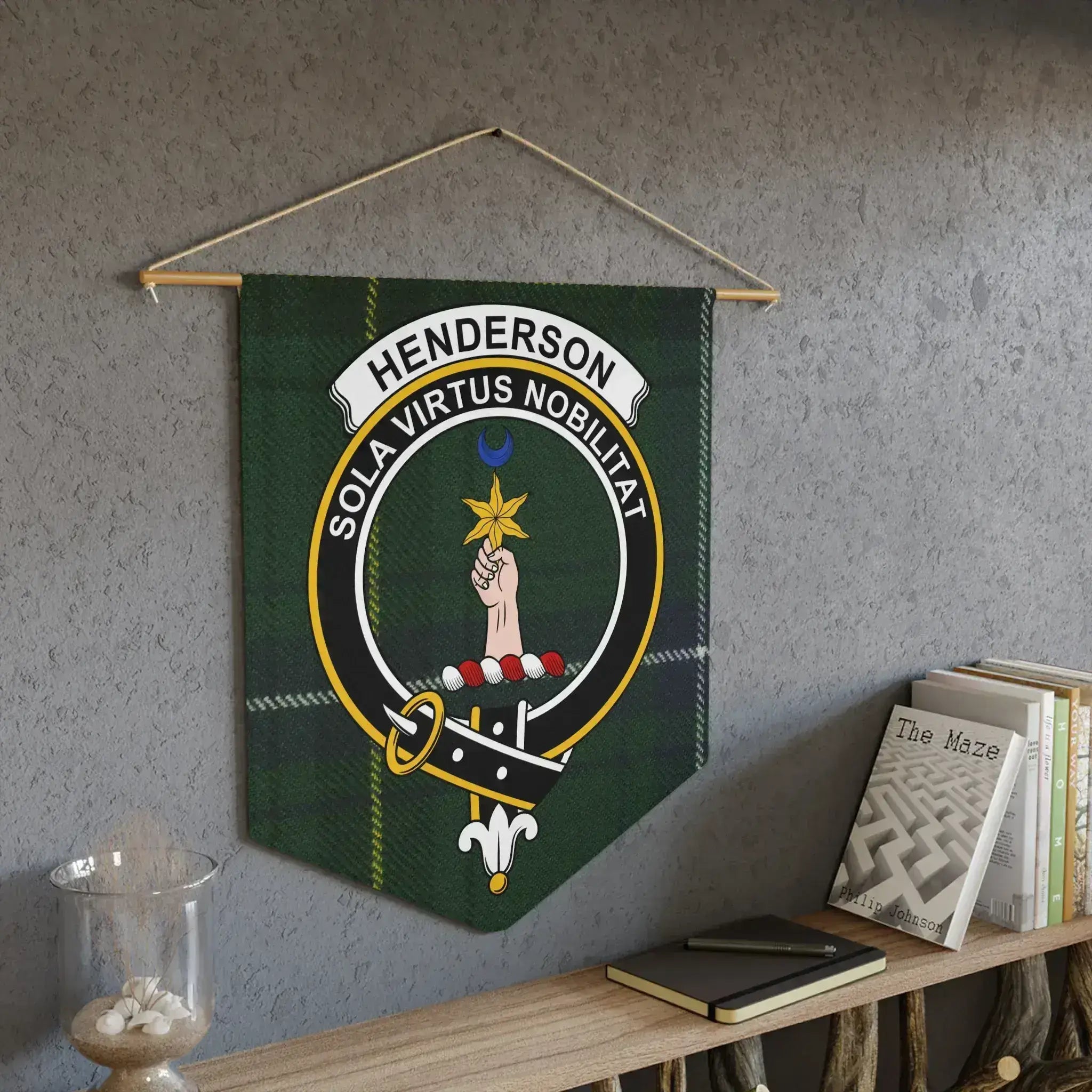 Henderson Sola Virtus Nobilitat clan motto wall pennant — 18x21 tartan heraldic design