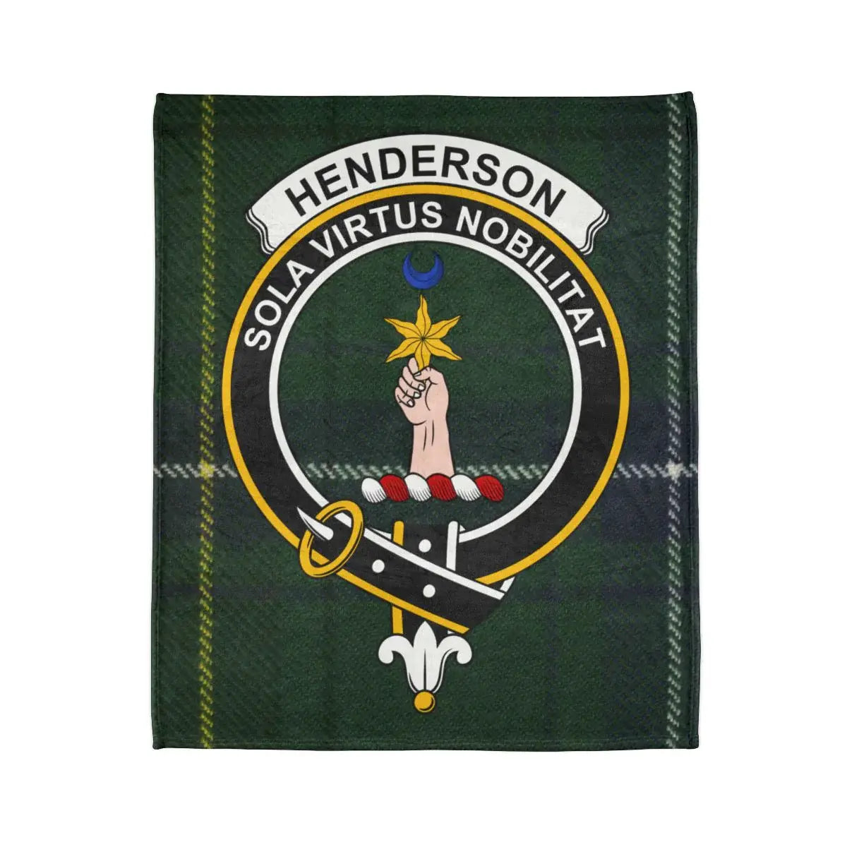 Henderson Sola Virtus Nobilitat crest tartan throw blanket — Virtue Alone Ennobles design on 50x60 polyester