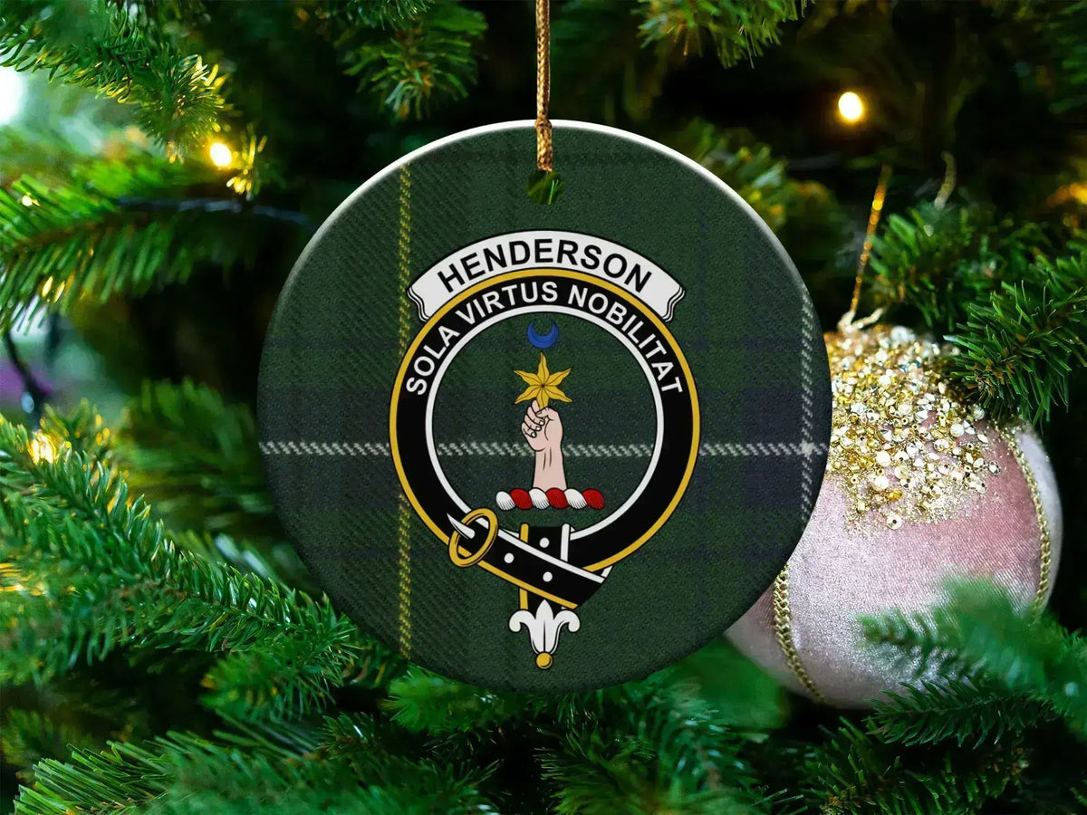 Henderson clan tartan ceramic ornament — 3-inch round glossy disc with crest and Sola Virtus Nobilitat motto