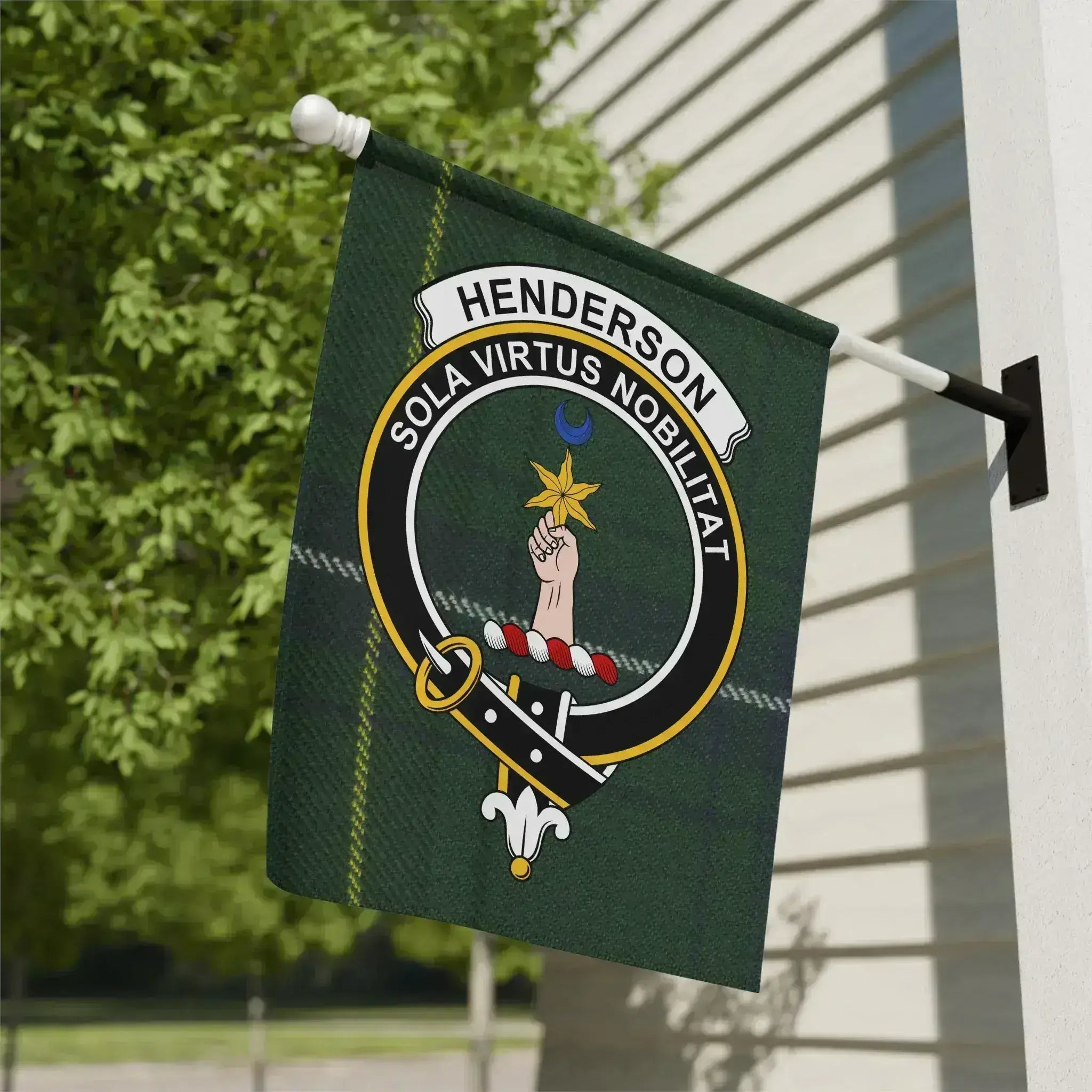 Henderson clan crest tartan garden flag 12x18 inches — poly poplin-canvas with Sola Virtus Nobilitat design