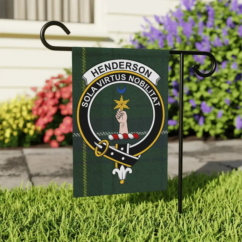 Henderson Sola Virtus Nobilitat garden flag 24x32 inches — clan crest on larger outdoor size