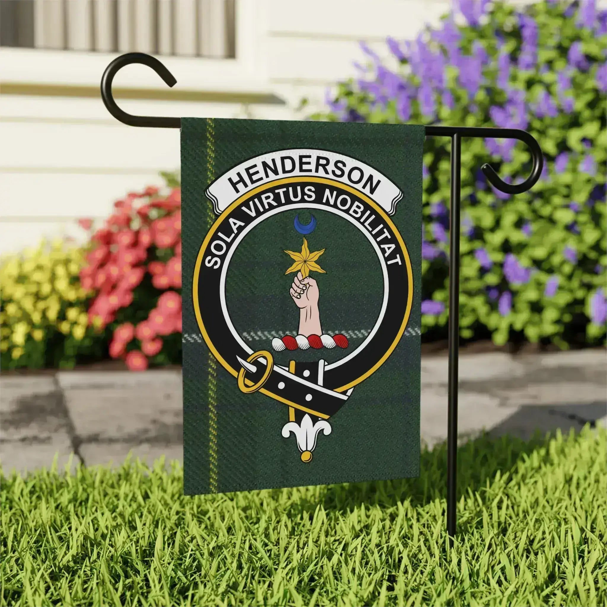 Henderson Sola Virtus Nobilitat garden flag 24x32 inches — clan crest on larger outdoor size
