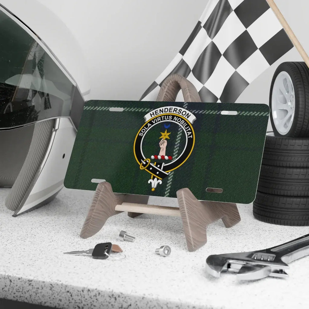 Henderson clan crest tartan novelty license plate — 12x6 aluminium with Sola Virtus Nobilitat heraldic design