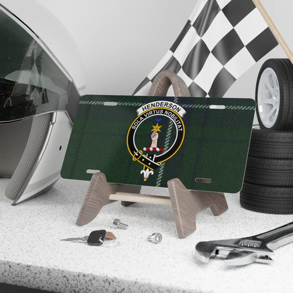Henderson clan crest tartan novelty license plate — 12x6 aluminium with Sola Virtus Nobilitat heraldic design