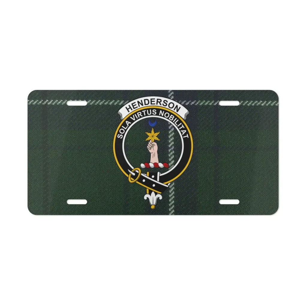 Henderson Sola Virtus Nobilitat crest license plate — clan heraldic design on aluminium