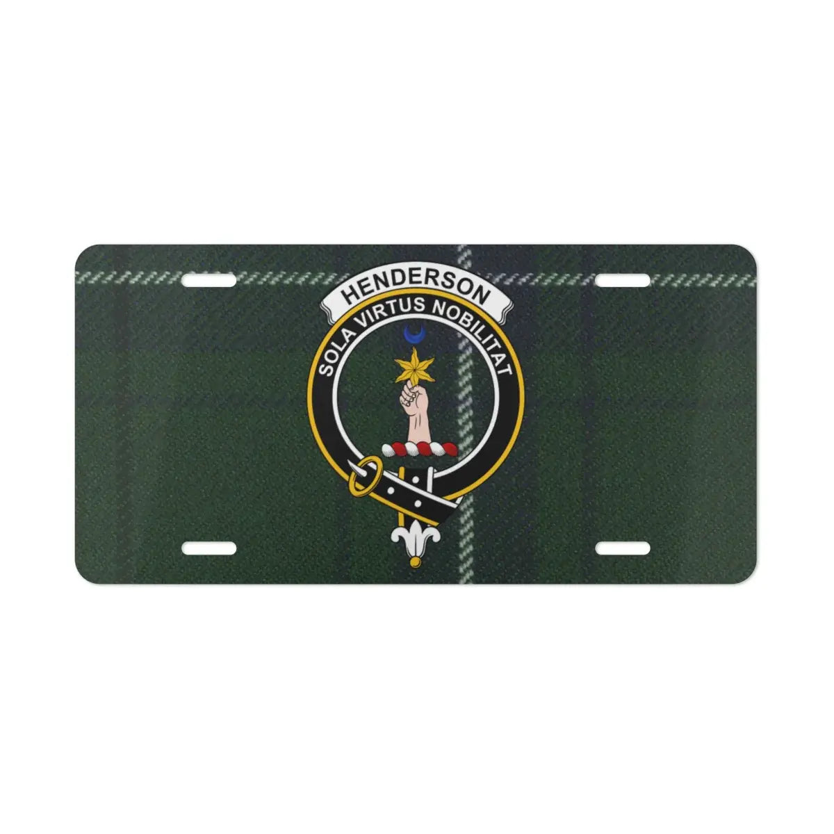 Henderson Sola Virtus Nobilitat crest license plate — clan heraldic design on aluminium