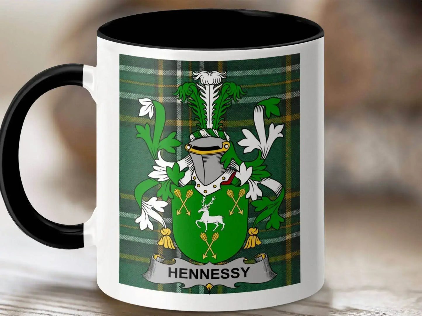 Hennessy Surname Family Crest Irish Tartan Mug - Celtic Ancestry Gifts