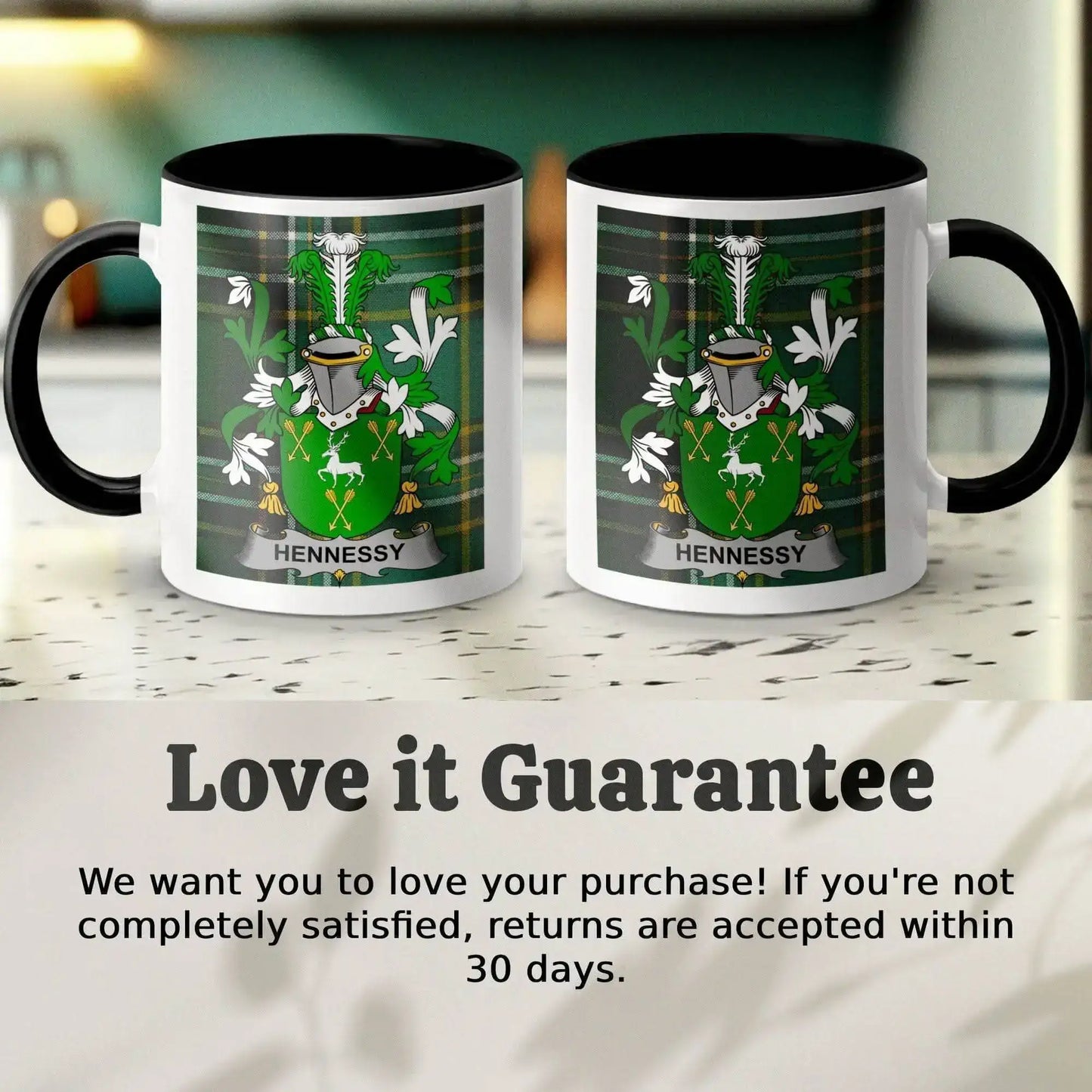Hennessy Surname Family Crest Irish Tartan Mug - Celtic Ancestry Gifts