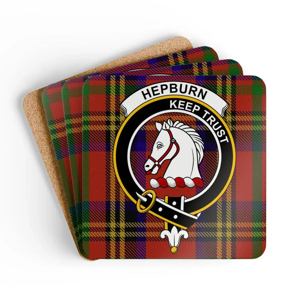 Hepburn clan crest tartan coaster set of 4 — natural cork squares with sealed Keep Trust design