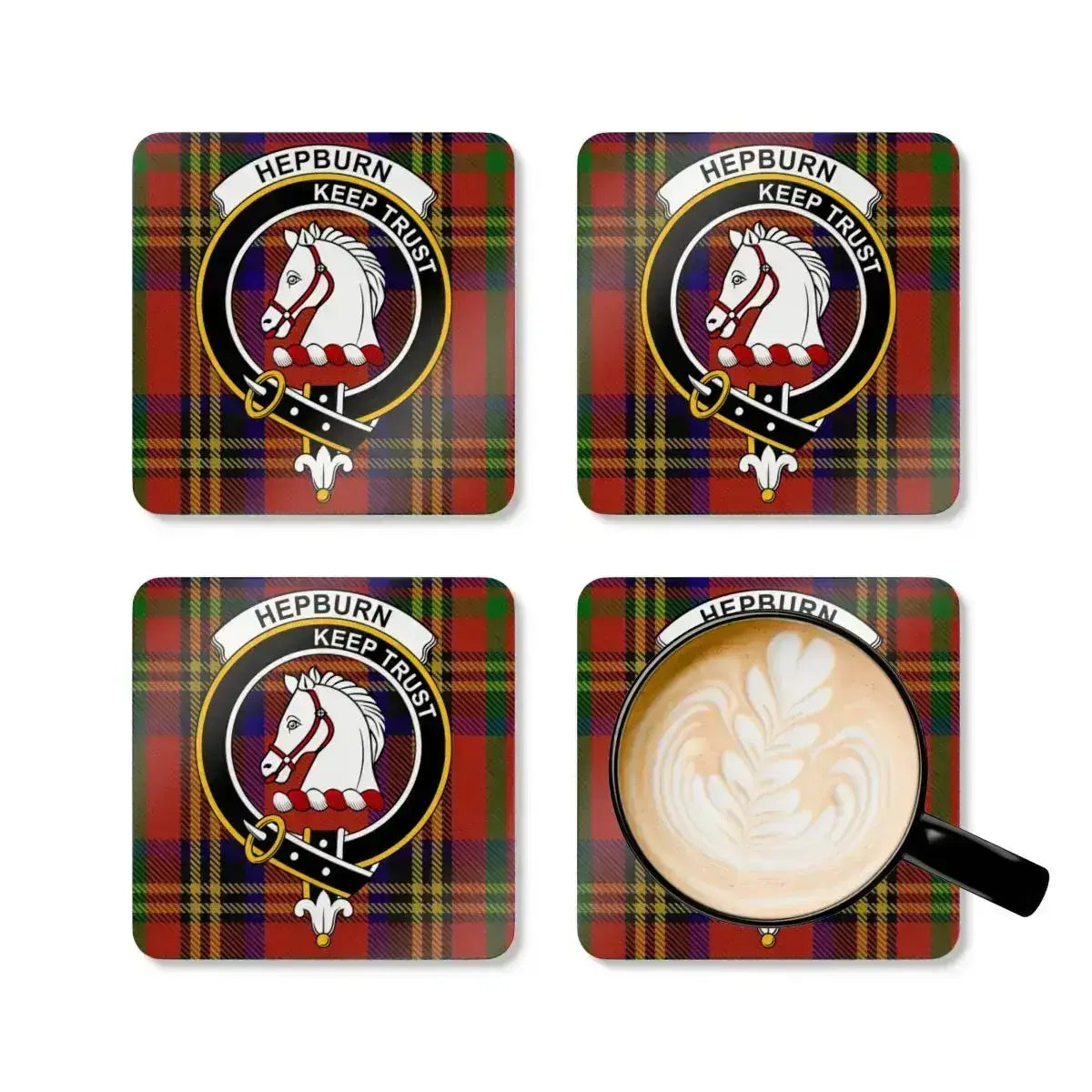 Hepburn Scottish tartan horse emblem coasters set of 4 — four cork coasters with Keep Trust design