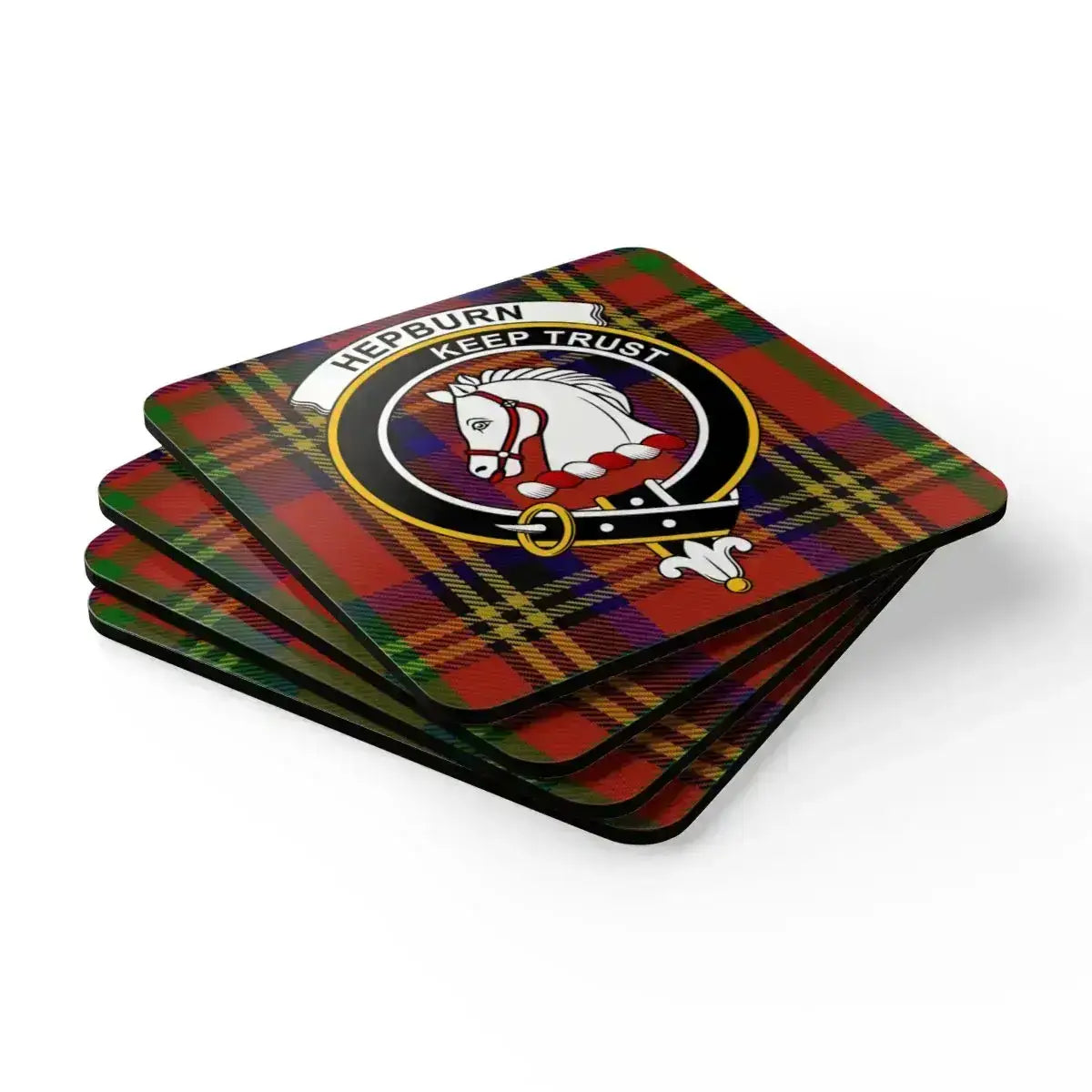 Hepburn Keep Trust plaid design coaster set — four natural cork squares with heraldic design