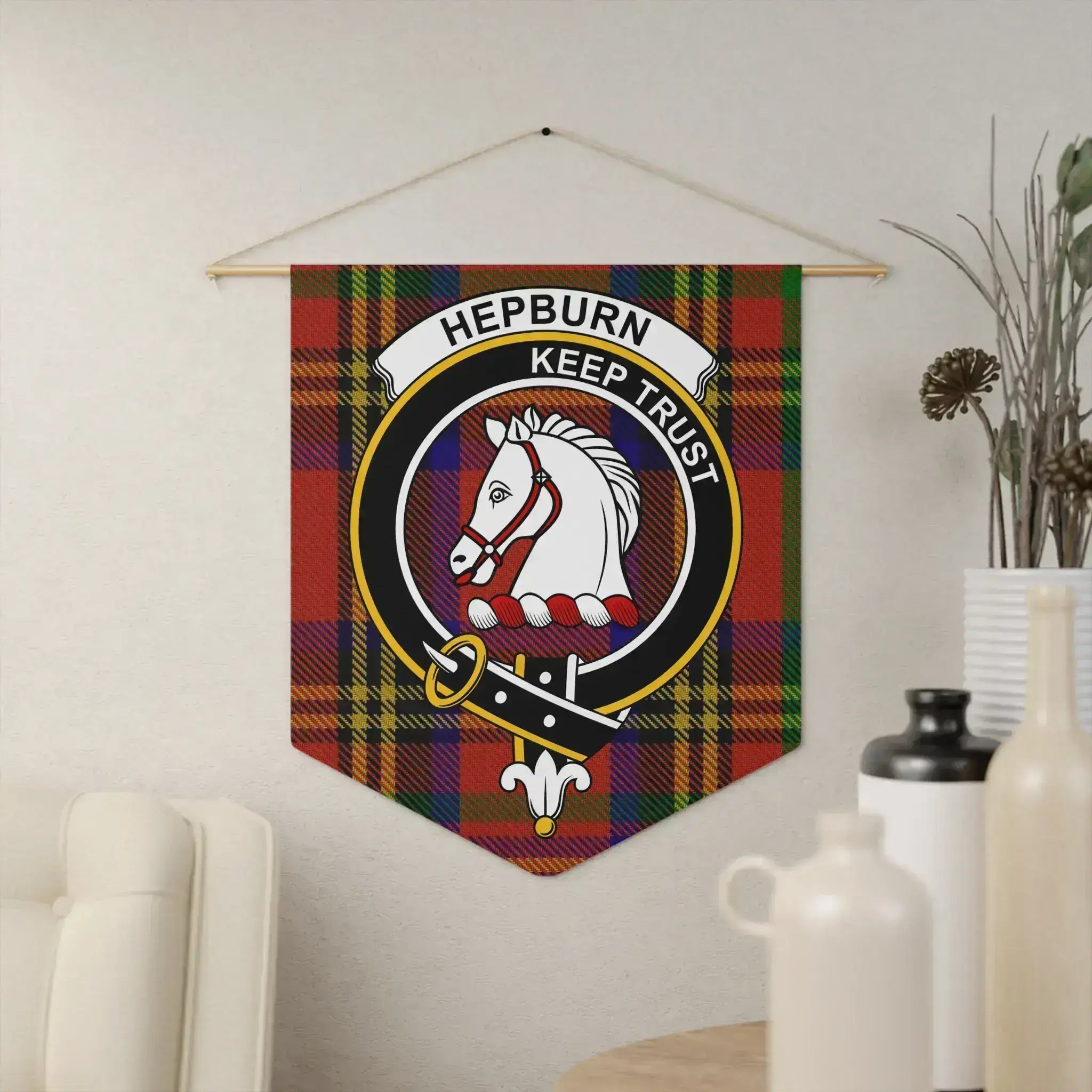 Hepburn clan crest tartan pennant 18x21 inches — polyester twill with Keep Trust horse design, wooden dowel