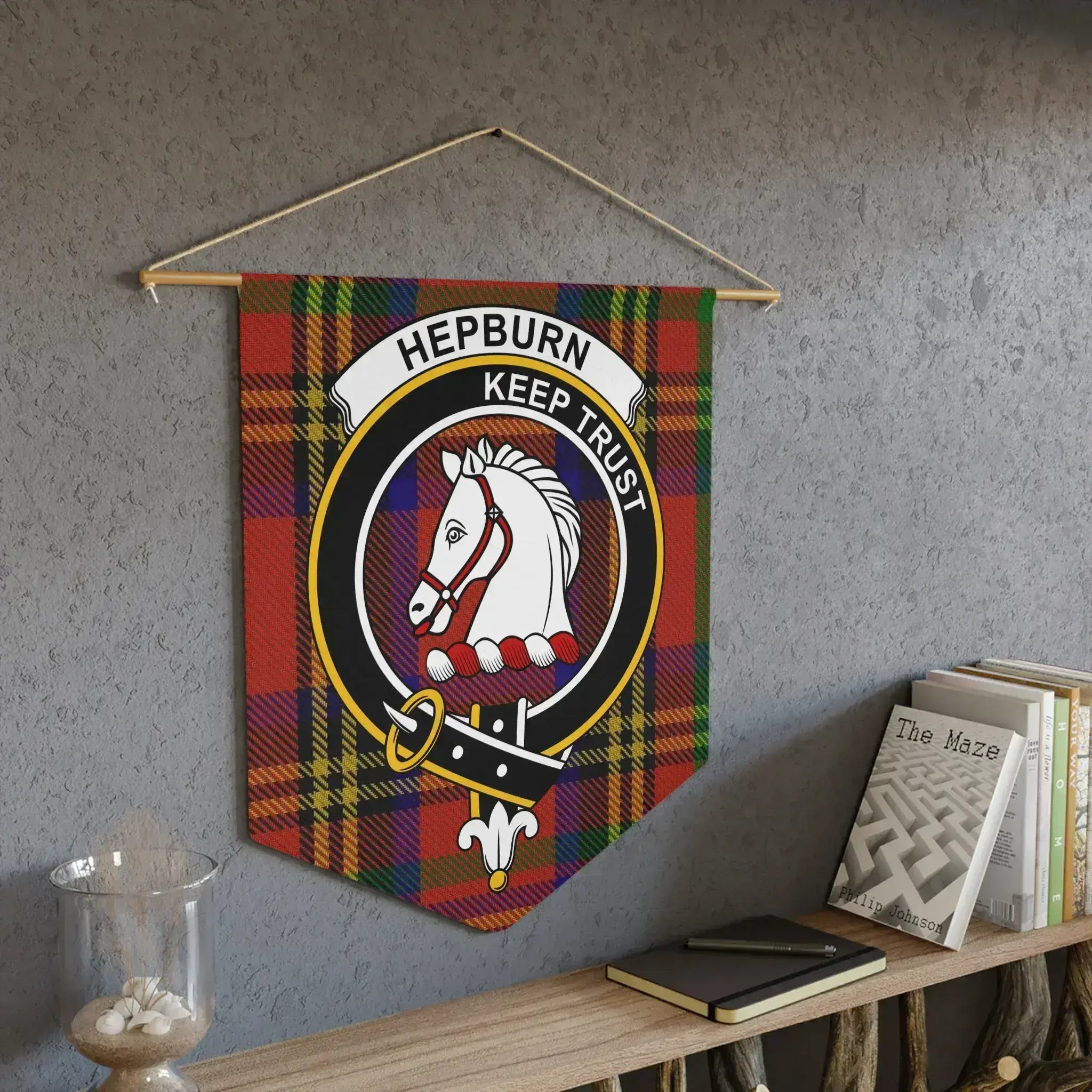 Hepburn Keep Trust tartan plaid wall hanging banner — 18x21 clan crest heraldic design