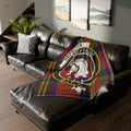 Hepburn clan crest tartan throw blanket on sofa — 50x60 polyester, Keep Trust horse crest design