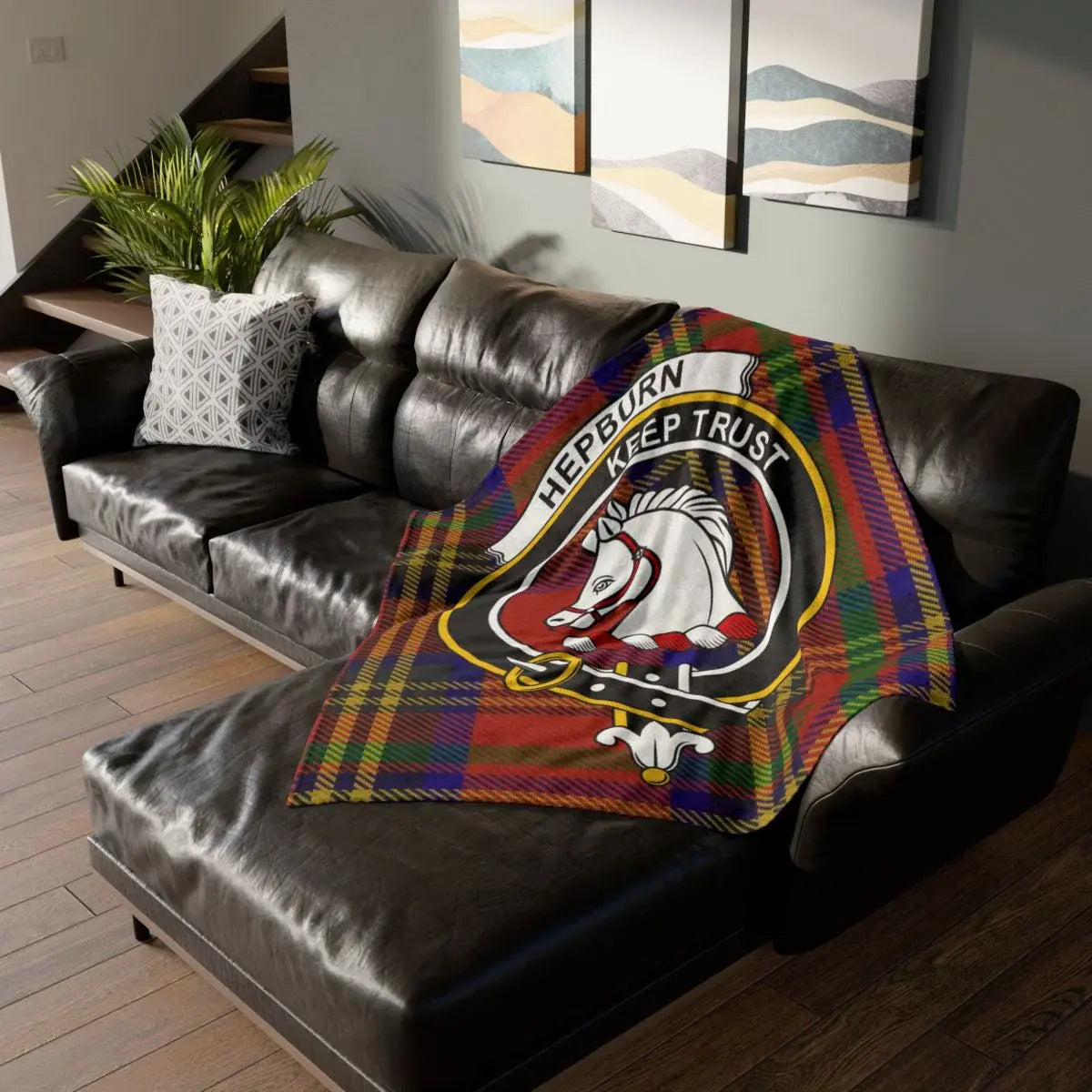 Hepburn clan crest tartan throw blanket on sofa — 50x60 polyester, Keep Trust horse crest design