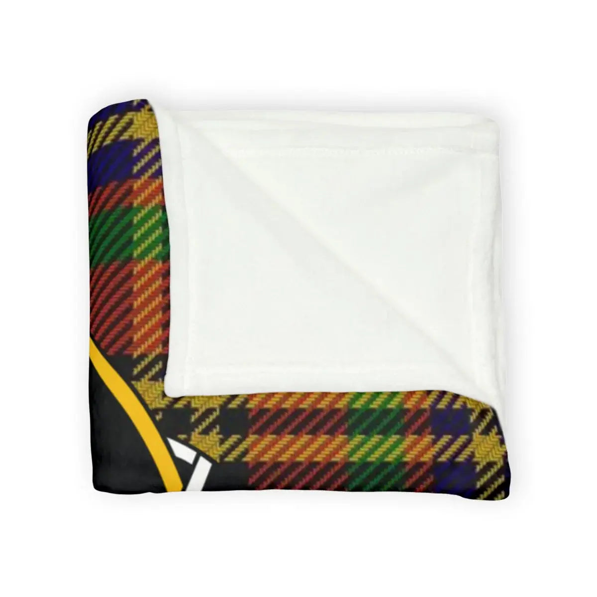 Hepburn clan crest throw blanket laid flat — 100% polyester, 50x60, multicoloured tartan pattern