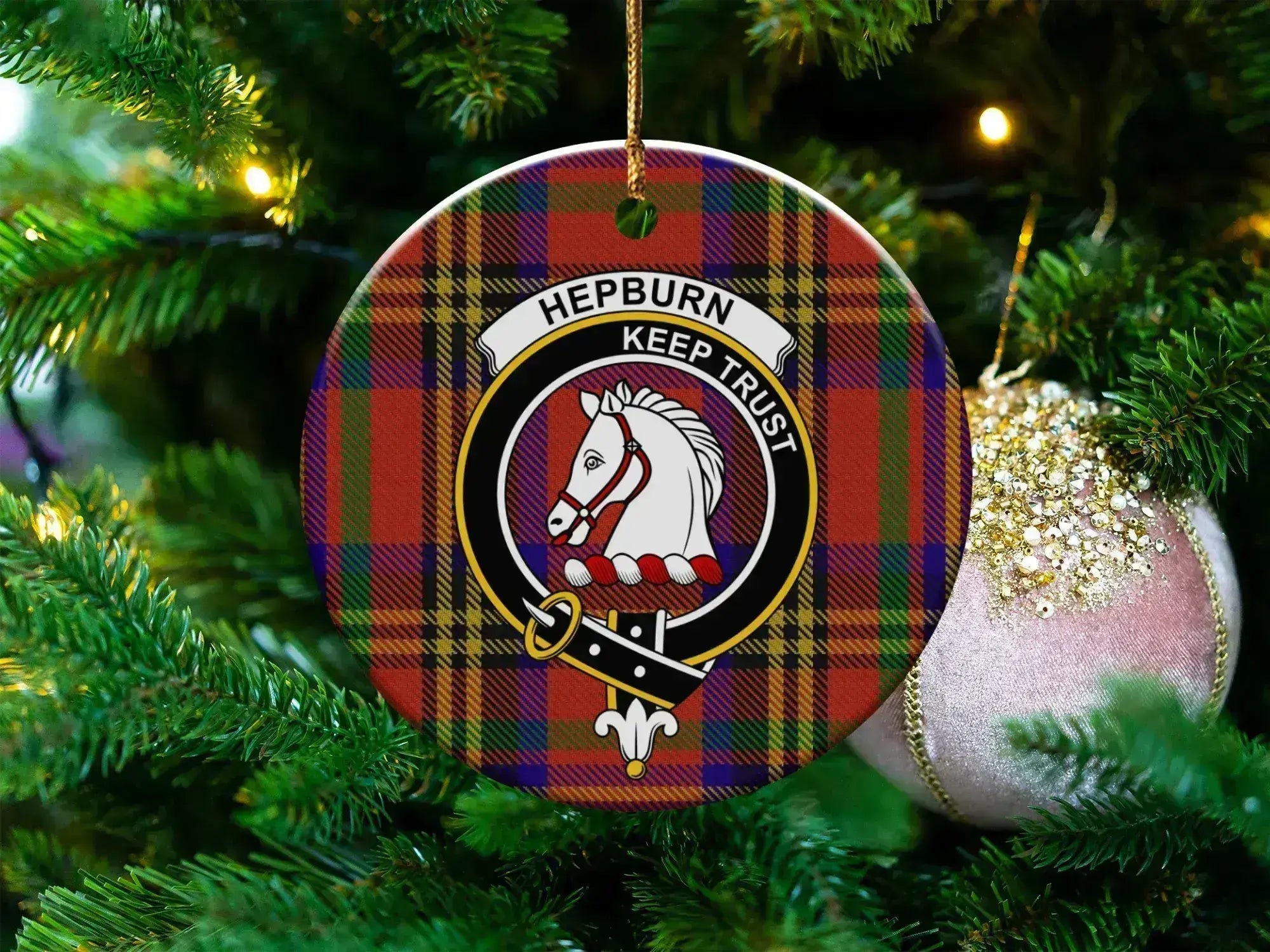Hepburn clan tartan ceramic ornament — 3-inch round glossy disc with horse crest and Keep Trust motto