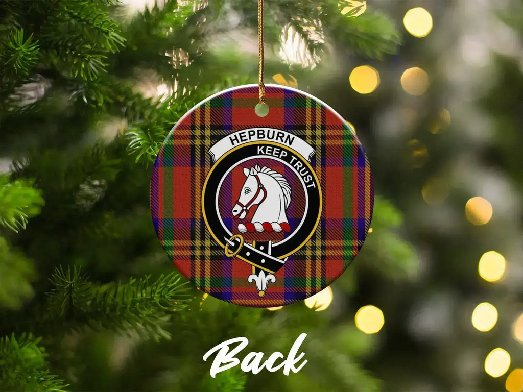 Hepburn clan crest tartan ornament back view — double-sided glazed ceramic, 3-inch disc