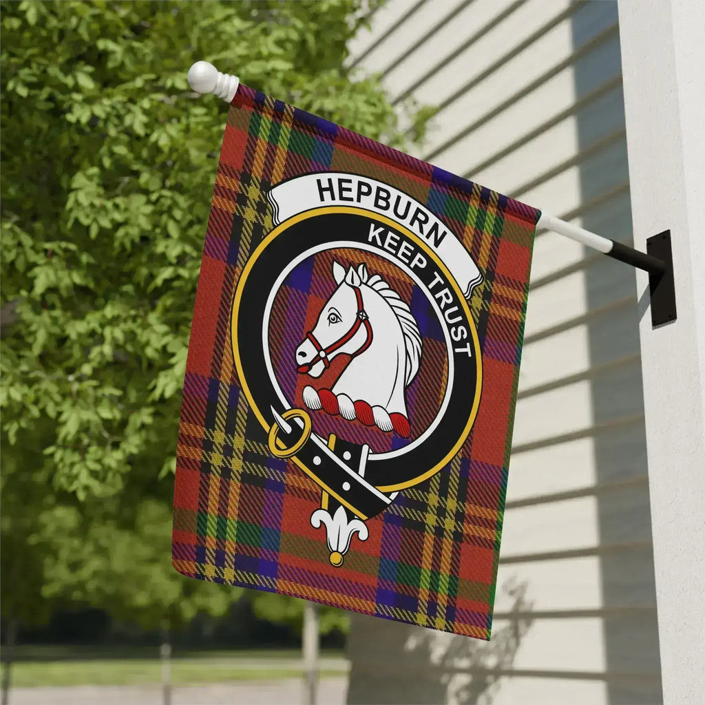 Hepburn clan crest tartan garden flag 12x18 inches — poly poplin-canvas with Keep Trust horse design