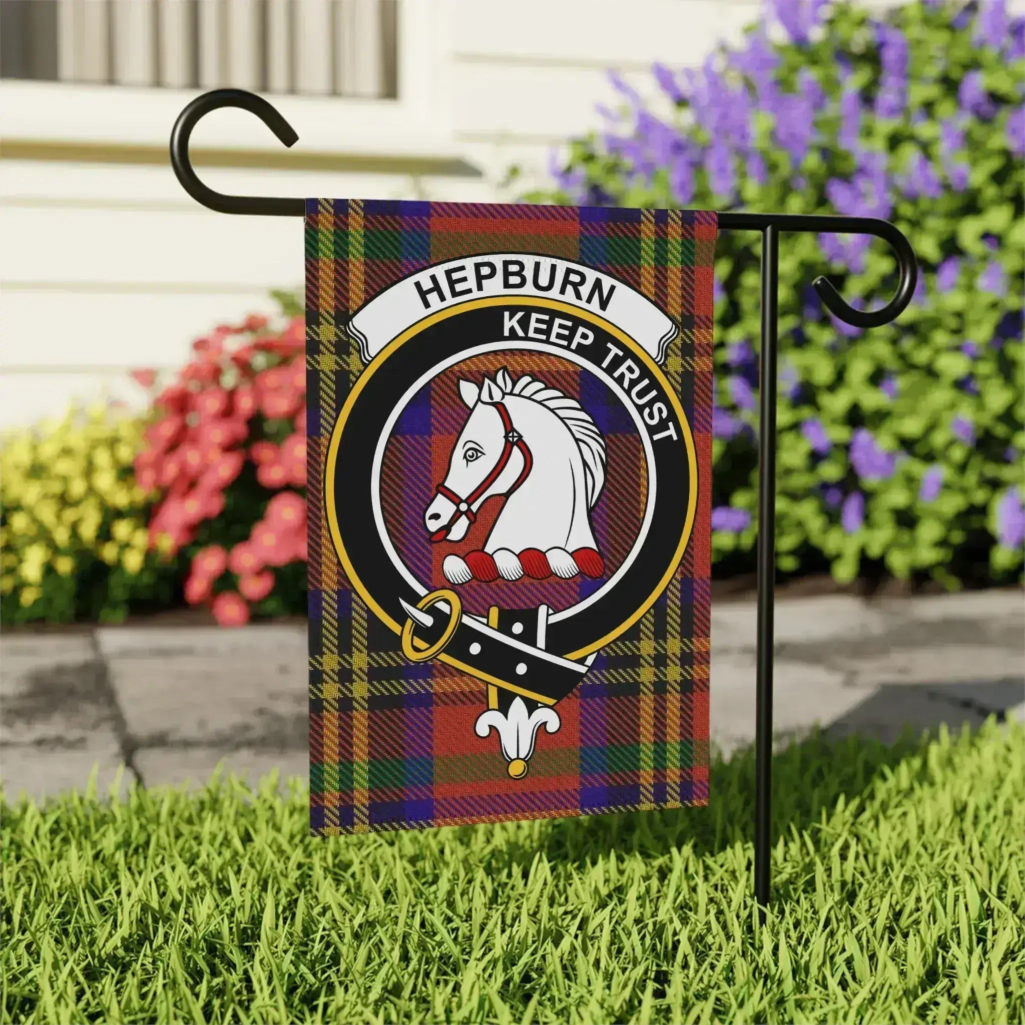 Hepburn Keep Trust tartan plaid garden flag 24x32 inches — larger outdoor size with clan crest