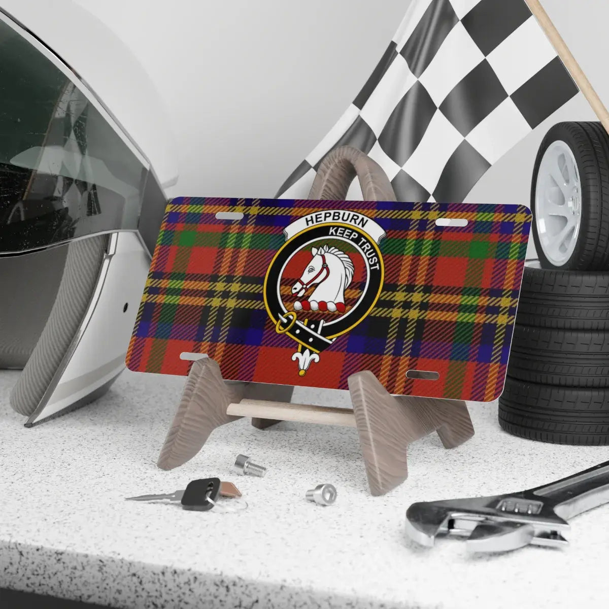 Hepburn clan crest tartan novelty license plate — 12x6 aluminium with Keep Trust horse heraldic design