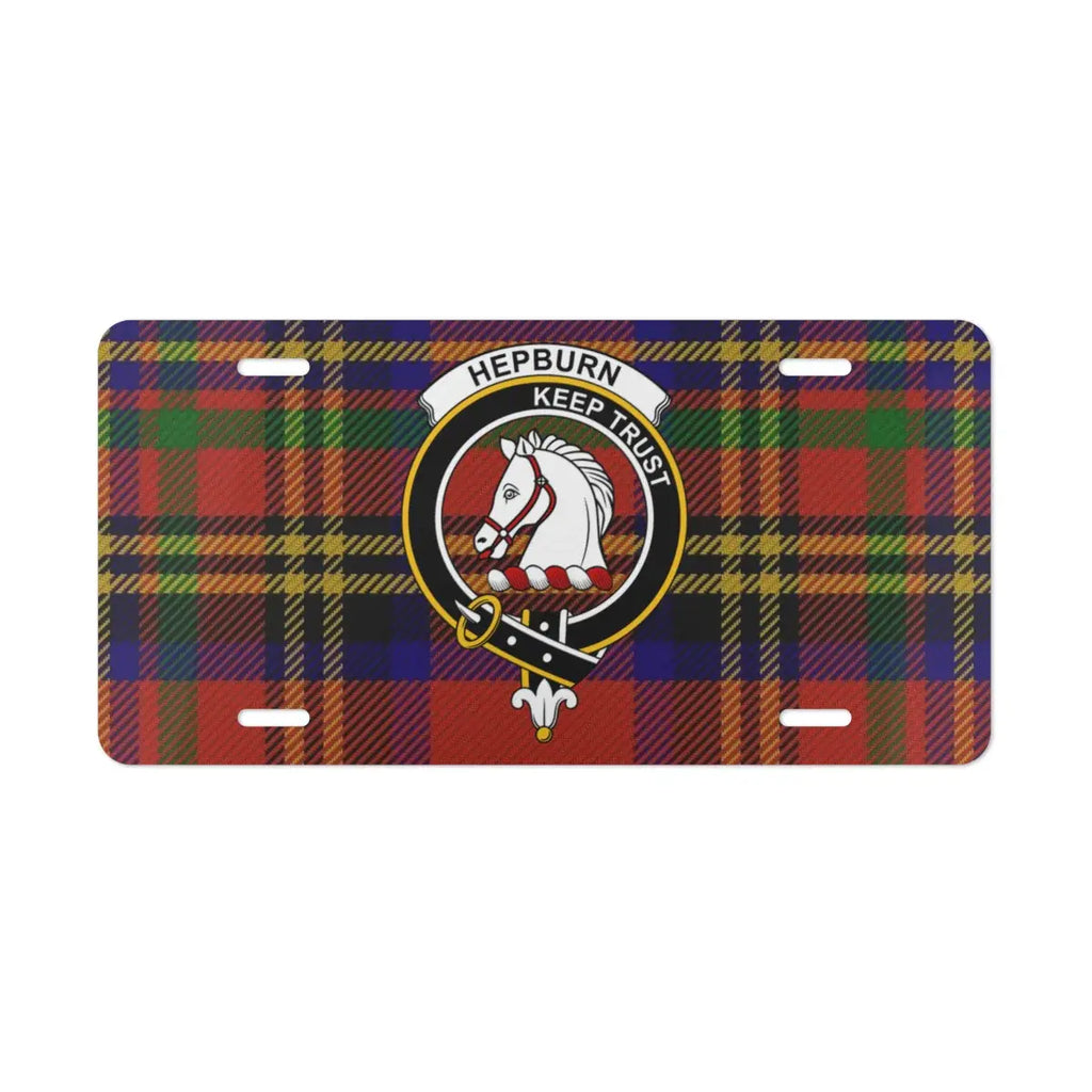 Hepburn Keep Trust tartan novelty license plate — clan crest horse design on aluminium