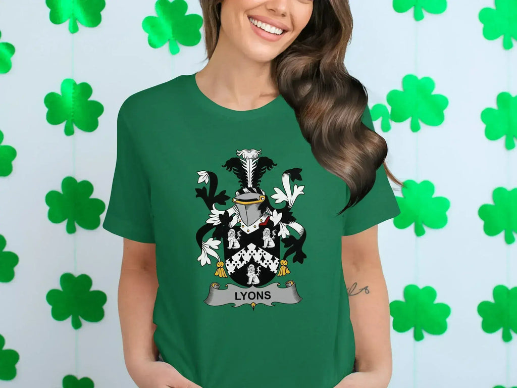 Lyons family crest heraldic t-shirt — black cotton with printed coat of arms, retail fit