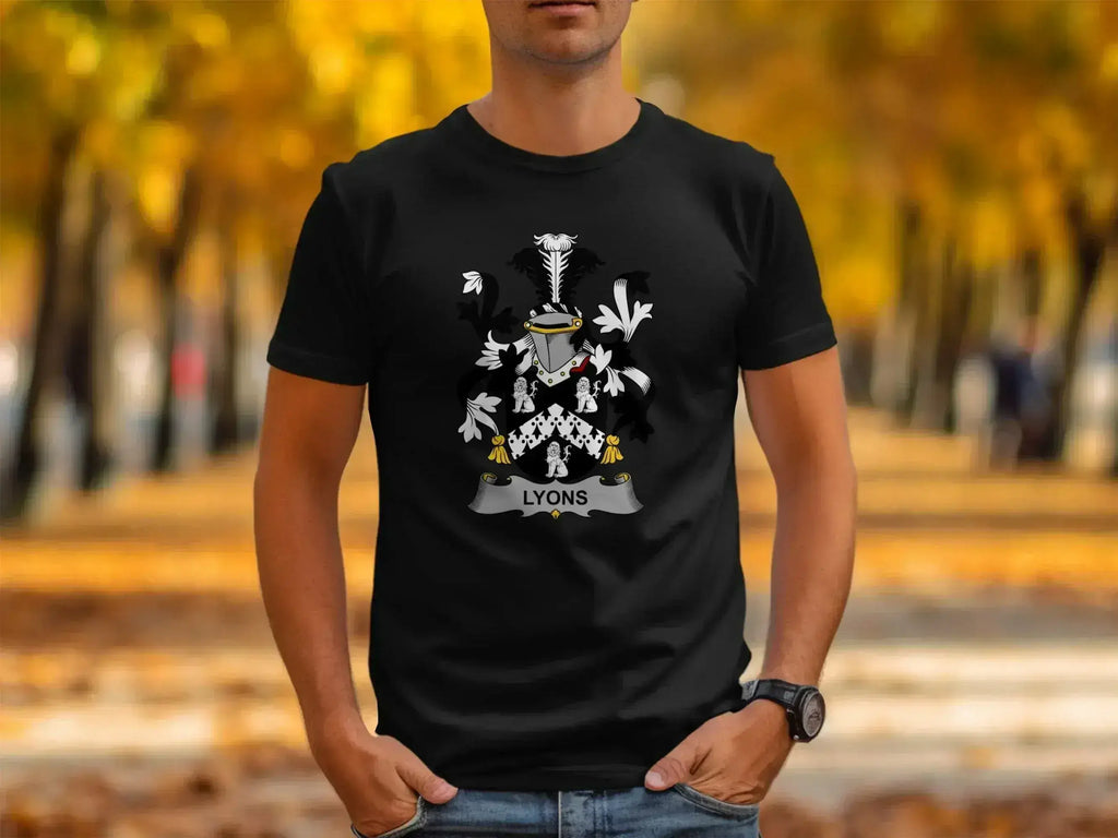 Lyons family crest emblem t-shirt — dark grey cotton with printed heraldic design, side-seamed