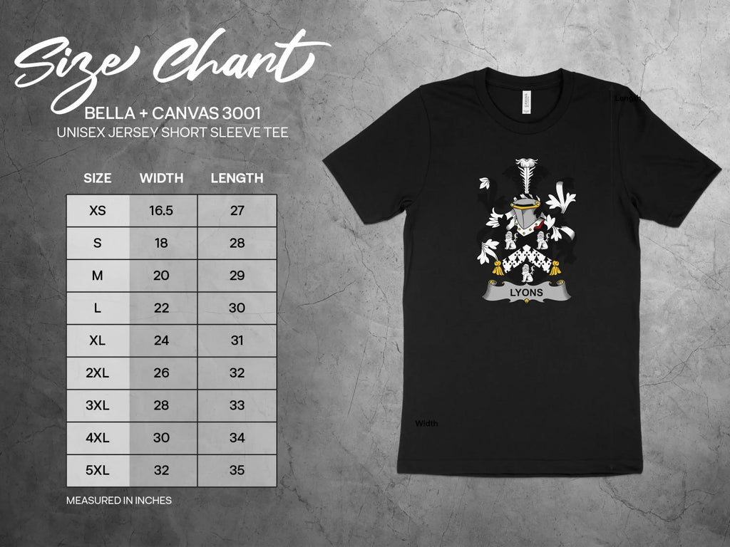 Lyons heraldic crest t-shirt — Kelly green with printed coat of arms, unisex sizing XS through 3XL