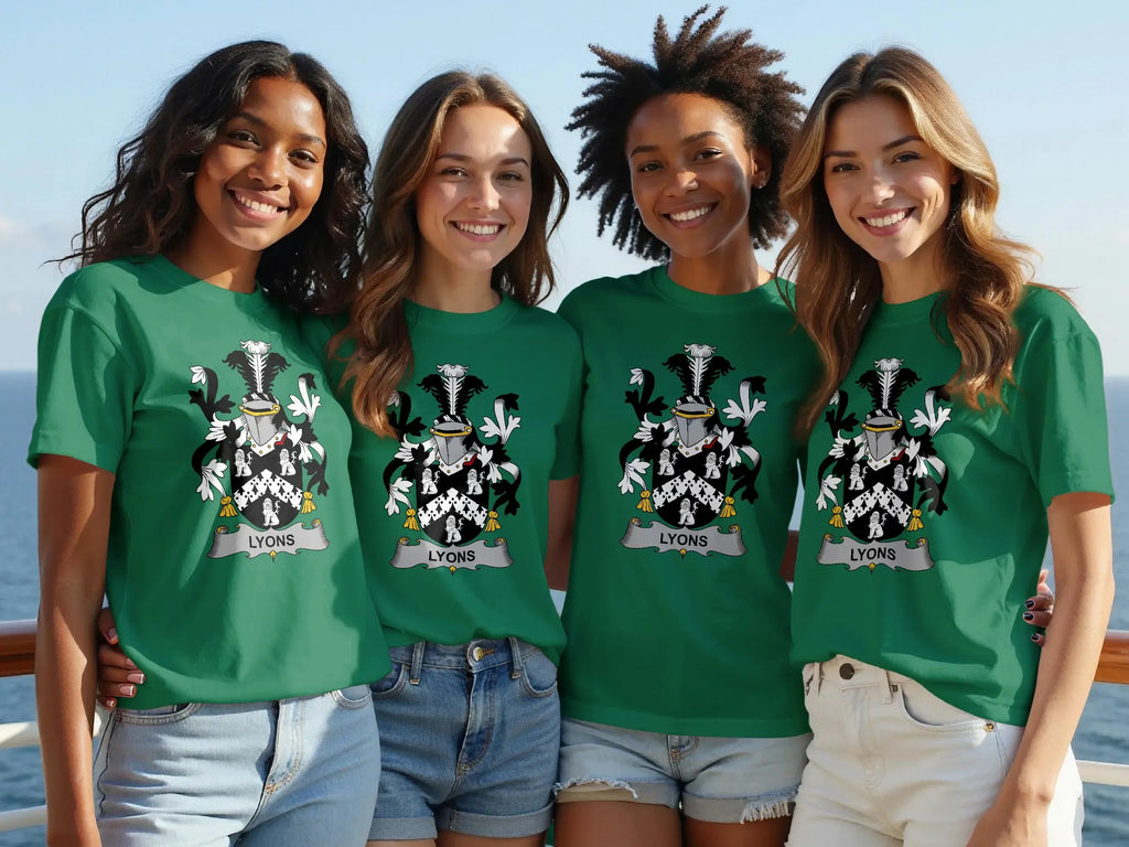 Lyons coat of arms t-shirt — lifestyle shot in Kelly green, relaxed unisex cotton tee