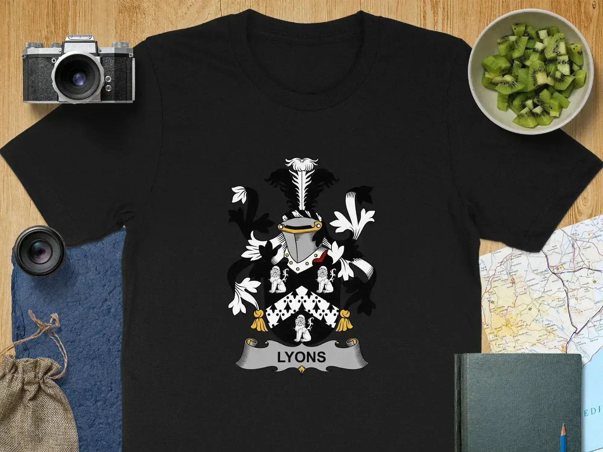 Lyons family crest t-shirt — black with bold heraldic emblem print, XS through 3XL