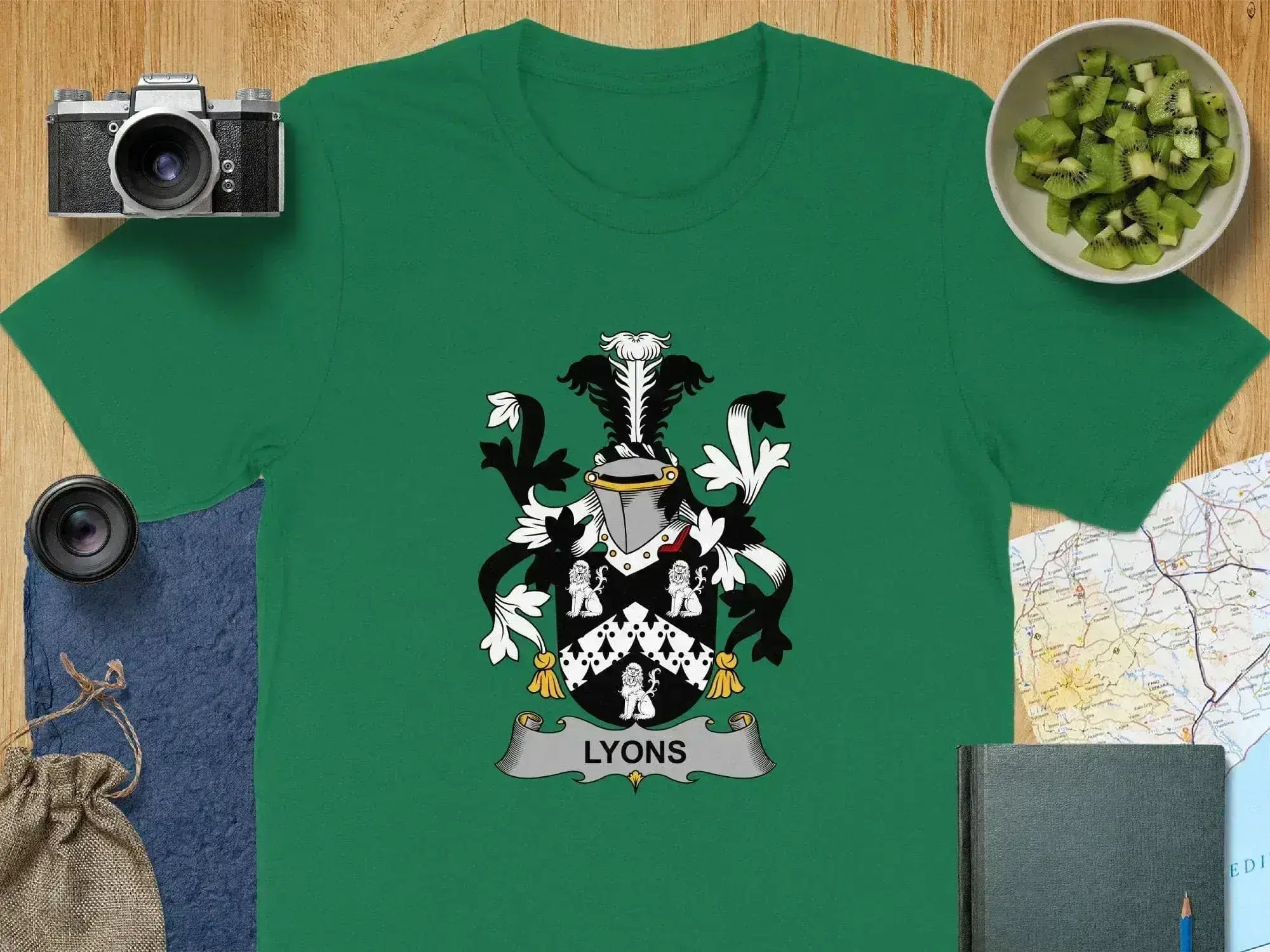 Lyons crest heraldic t-shirt — size and colour options, black, dark grey, Kelly green