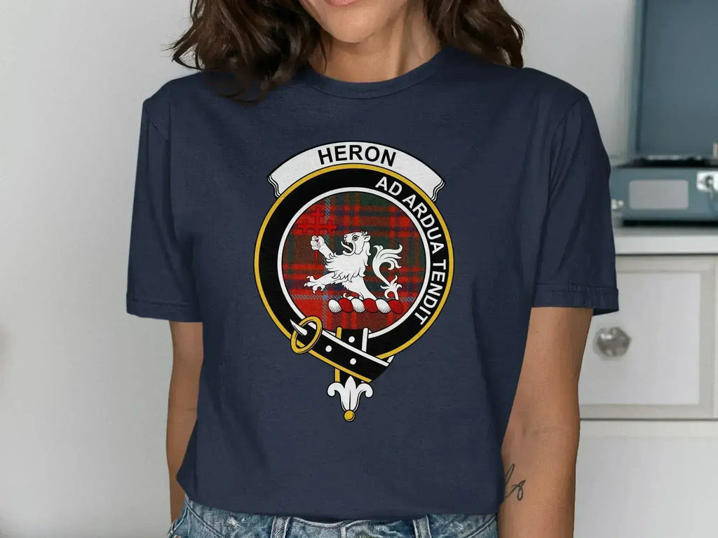 Heron clan crest T-shirt with Ad Ardua Tendit motto and tartan design — alternate view