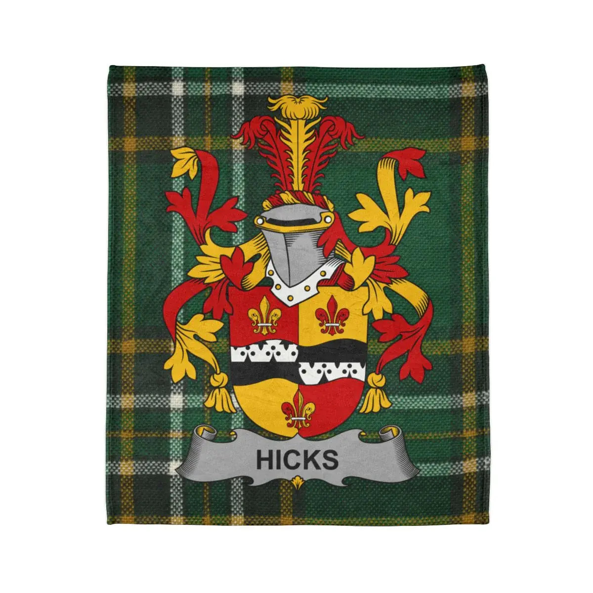 Hicks Family Crest on Dark Green Plaid Blanket