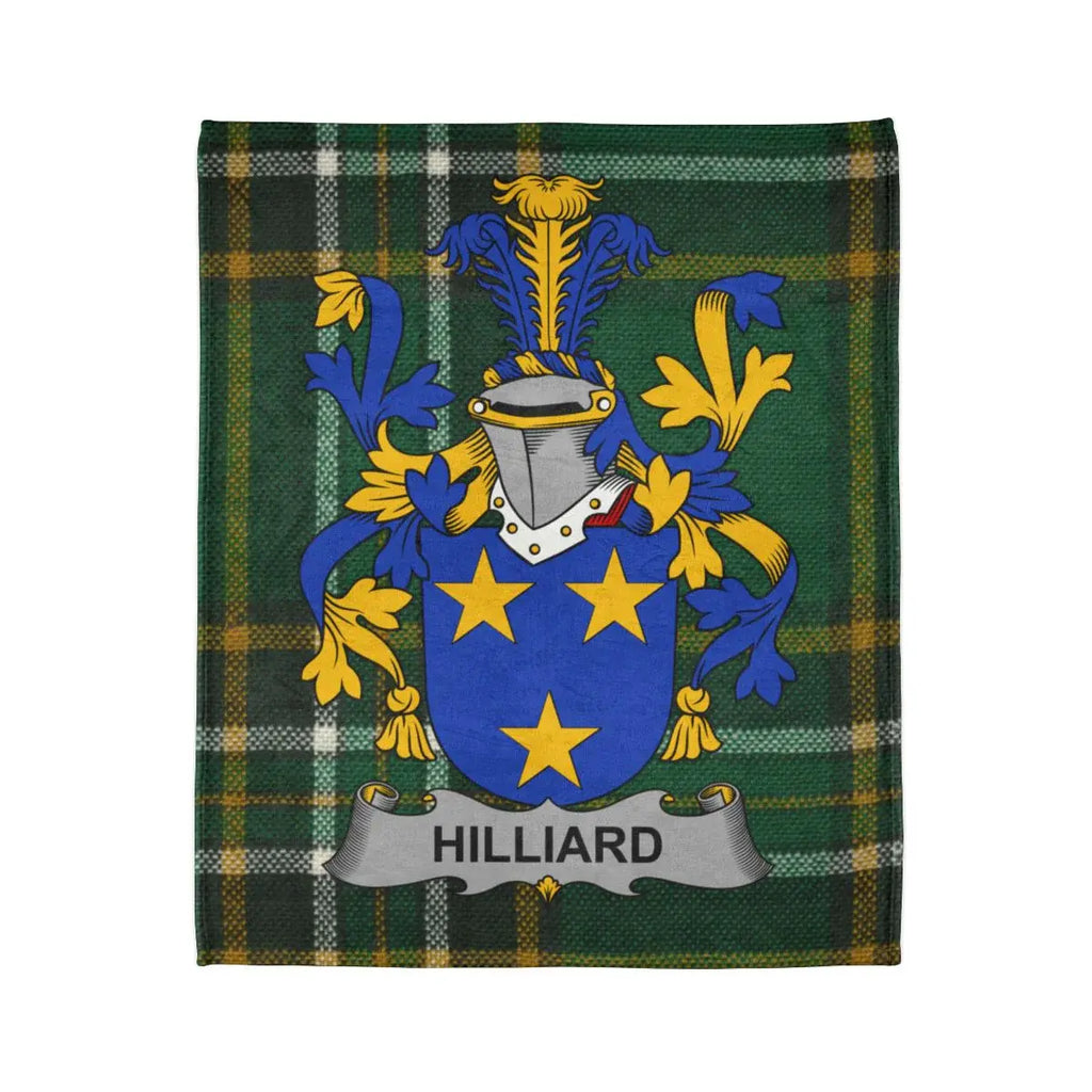 Hilliard Family Crest on Green Tartan Background Blanket