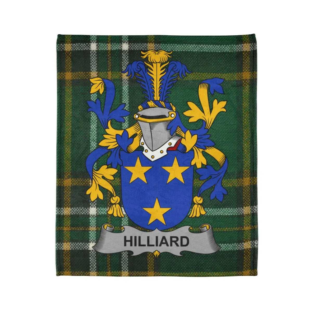 Hilliard Family Crest on Green Tartan Background Blanket