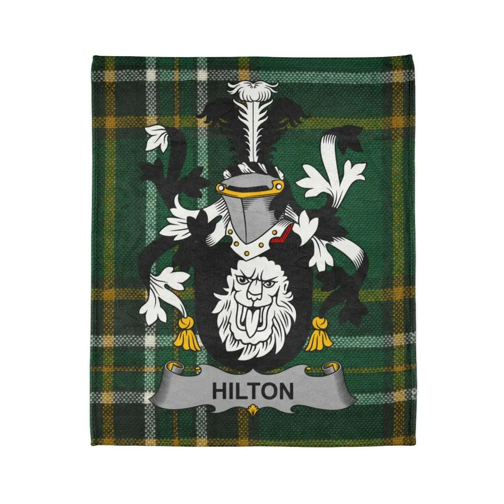 Hilton Family Crest On Plaid Green Background Blanket