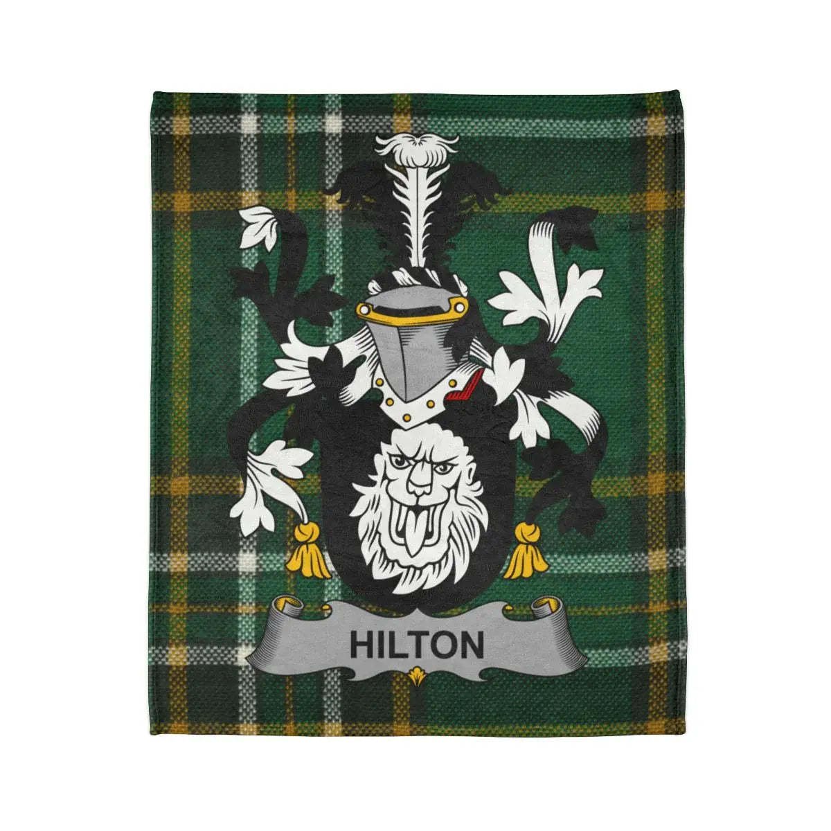 Hilton Family Crest On Plaid Green Background Blanket