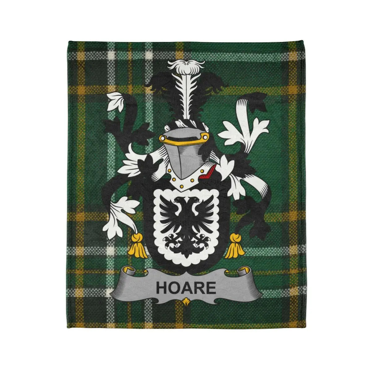 Hoare Family Crest with Green Plaid Background Blanket
