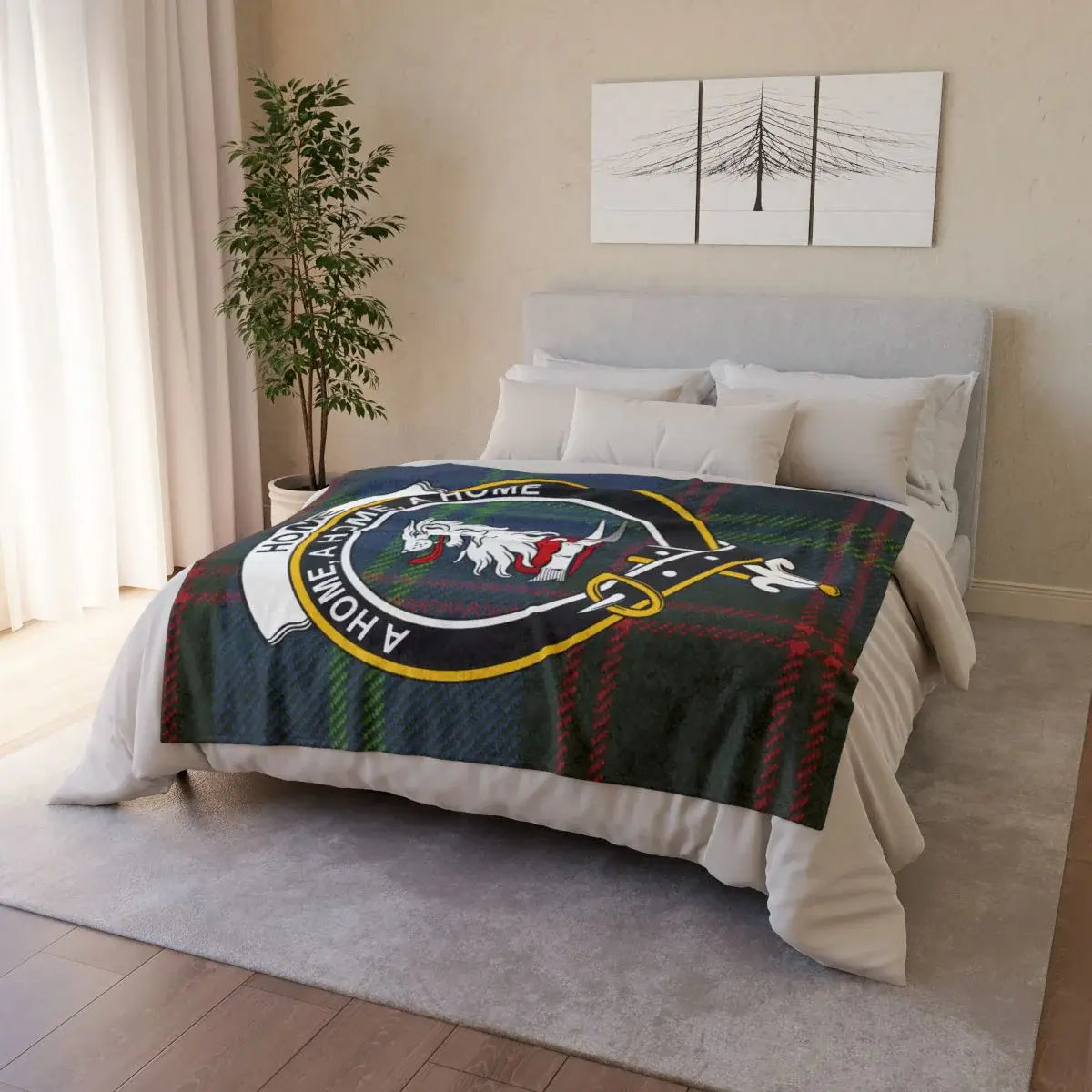 Home clan crest tartan blanket — cosy luxury plaid design for home decor