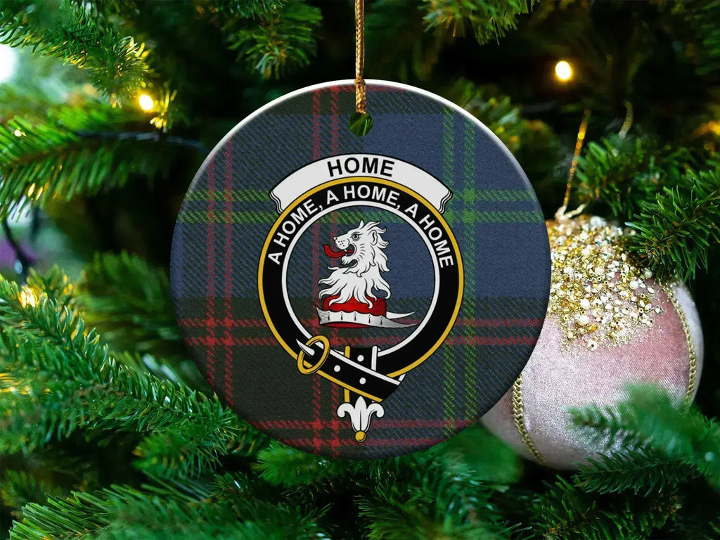 Home clan crest tartan ceramic ornament — 3-inch round glossy disc with lion crest and A Home A Home A Home motto