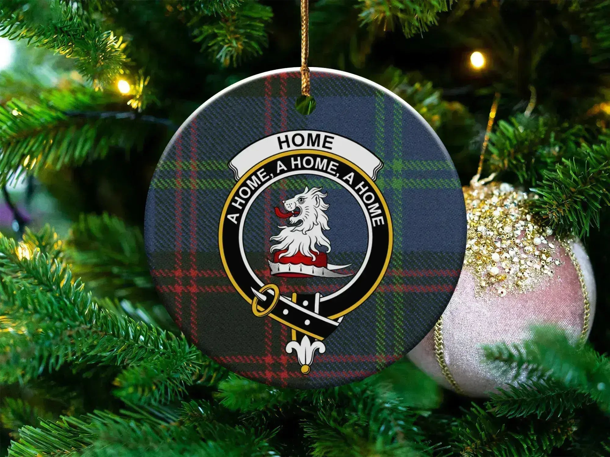 Home clan crest tartan ceramic ornament — 3-inch round glossy disc with lion crest and A Home A Home A Home motto