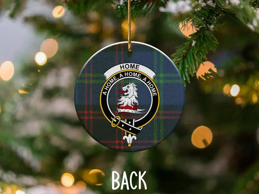 Home clan tartan Christmas ornament — 3-inch ceramic disc with traditional clan crest, gold string